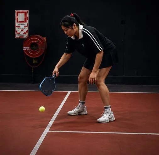A pickleball player bending to hit a low ball with a blue paddle