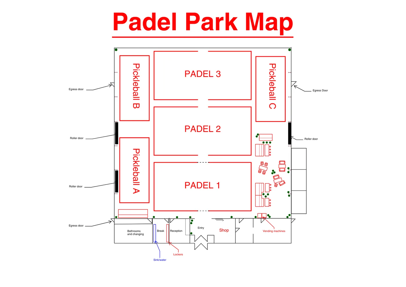 The Padel Park facility map: three padel courts down the middle, three pickleball courts on the left, with reception, the shop and the vending machines by the entry.